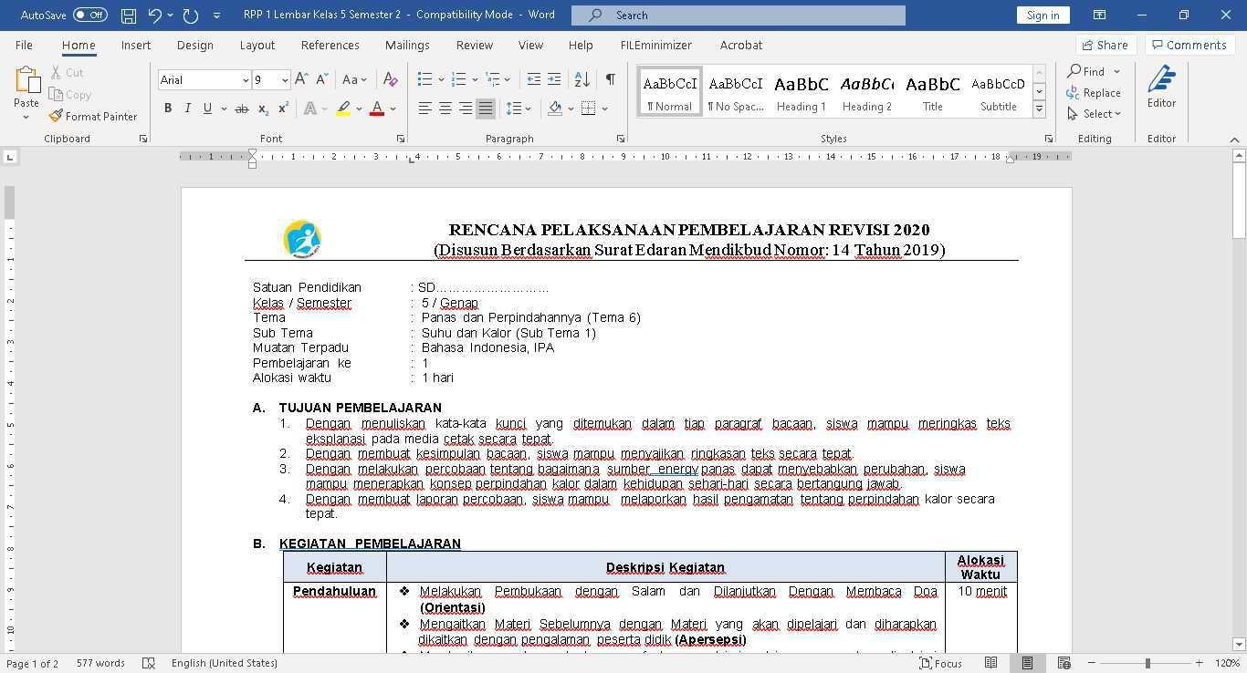 Format RPP Kelas 5 Semester 2