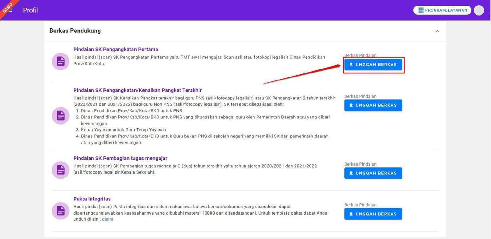 Klik tombol unggah pada menu simpkb ppg daljab