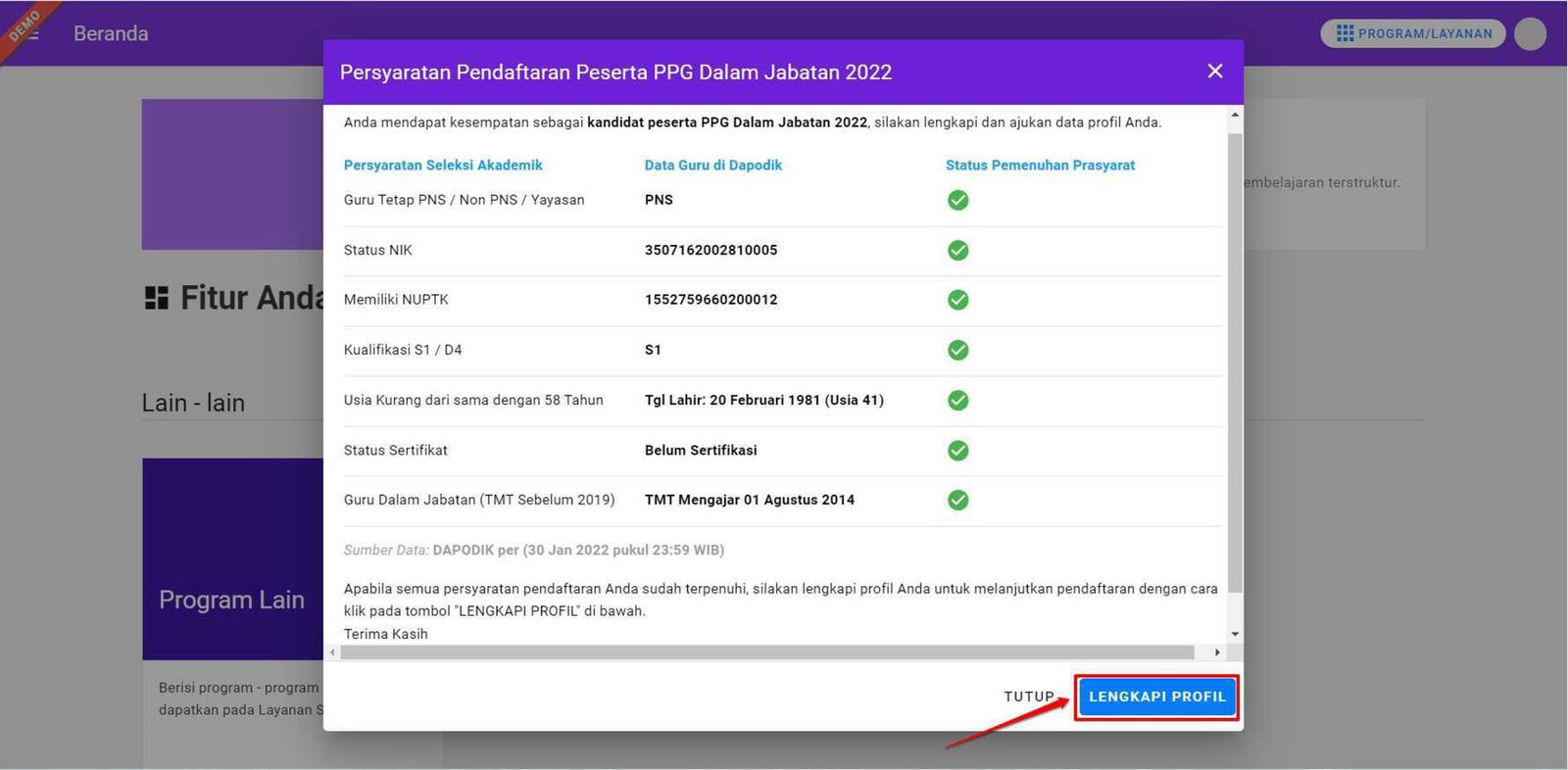 Tampilan Persyarat yang perlu dipenuhi calon ppg daljab
